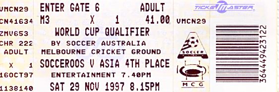 Ticket to Australia vs Iran World Cup Qualifier, MCG, Melbourne, 1997