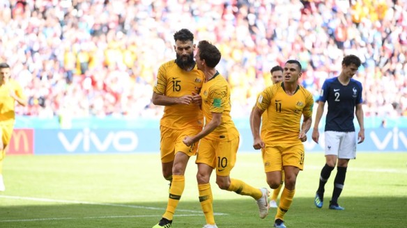 Mile Jedinak scores a penalty for Australia against France at World Cup Russia 2018